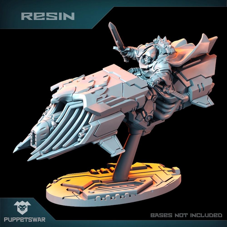 May include: A grey 3D printed model of a futuristic spaceship with a rider holding a sword. The spaceship has a long, pointed nose and a large, open cockpit. The rider is wearing a helmet and a cape. The model is on a circular base. The text "RESIN" is in the top left corner of the image. The text "BASES NOT INCLUDED" is in the bottom right corner of the image.