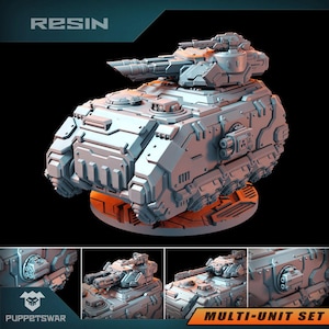 Könnte beinhalten: Ein graues, detailliertes, futuristisches Panzermodell mit einer großen Kanone und mehreren Rädern. Das Modell ist mit "RESIN" und "MULTI-UNIT SET" beschriftet.