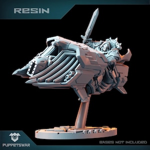 May include: A grey resin model of a futuristic motorcycle with a rider holding a sword. The motorcycle has a long, sleek design with a pointed nose and a large, open cockpit. The rider is wearing a helmet and armour. The model is mounted on a base. "RESIN" and "BASES NOT INCLUDED" are printed on the image.