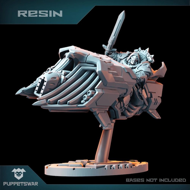 May include: A grey resin model of a futuristic motorcycle with a rider holding a sword. The motorcycle has a long, sleek design with a pointed nose and a large, open cockpit. The rider is wearing a helmet and armour. The model is mounted on a base. "RESIN" and "BASES NOT INCLUDED" are printed on the image.