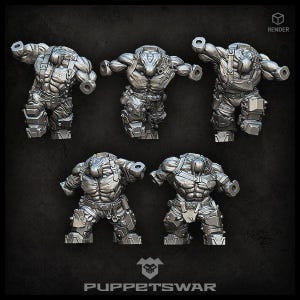 May include: Five detailed, gray, plastic miniature figures of humanoid creatures with muscular bodies and mechanical limbs. The figures are posed in various action stances. The figures are part of a tabletop game.