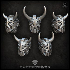 May include: Five silver-coloured, detailed, horned helmets with a geometric design. The helmets are arranged in a circle, with the horns pointing outwards.