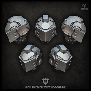 May include: Five grey plastic robot heads with detailed designs. The heads are arranged in a circle on a dark grey background. The text "PUPPETSWAR" is at the bottom of the image.