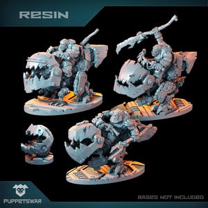 May include: Four grey resin miniatures of orcs riding futuristic, mechanical, animal-like creatures. The orcs are holding weapons and the creatures have sharp teeth and claws. The miniatures are on circular bases. The text "RESIN" is at the top of the image. The text "BASES NOT INCLUDED" is at the bottom of the image.
