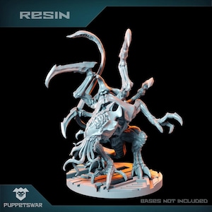 May include: A resin miniature of a monstrous creature with multiple limbs and sharp claws. The figure has a skeletal appearance with a skull-like head and is posed on a textured base. The word "RESIN" is at the top, and "PUPPETSWAR" is at the bottom.