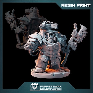 May include: A grey resin miniature of a robot with a large weapon, standing on a circular base. The robot has a detailed design with a helmet and a large weapon. The base is textured and has the words "PuppetSwar Miniatures" printed on it. The image is labelled "Resin Print".
