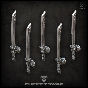 May include: Five silver miniature swords with detailed handles and blades. The swords are arranged in a group on a dark background. The text "RENDER" is in the upper right corner. The logo and text "PUPPETSWAR" are at the bottom.