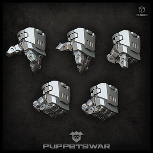 May include: Five silver metallic robot hands with articulated fingers and a square, armored wrist design. The hands are 3D-printed or rendered, set against a dark background. The image shows a 'RENDER' label.