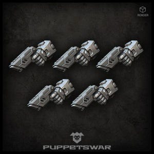 Puede incluir: Seis accesorios de brazo robótico de color gris metálico se muestran sobre un fondo oscuro. Cada accesorio presenta un diseño detallado con dedos articulados y una sección de antebrazo. El logotipo de Puppetswar es visible en la parte inferior.