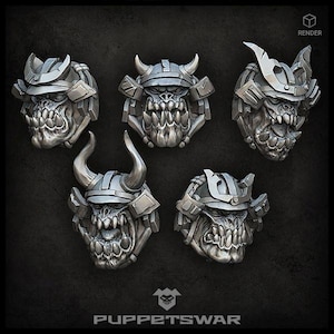 May include: Five detailed miniature busts of orcs wearing samurai helmets. The helmets are decorated with intricate details and the orcs have fierce expressions.
