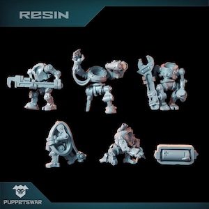 Puede incluir: Una colección de figuras de robots en miniatura de resina gris, cada una con diseños y herramientas únicos. Los robots están en varias poses, algunos sosteniendo llaves y otros componentes mecánicos. La palabra "RESIN" está en la parte superior de la imagen.