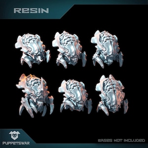 May include: Six light grey resin miniatures of a biomechanical creature with a brain-like head and multiple legs. The miniatures have a detailed, textured surface. The word "RESIN" is at the top, and "PUPPETSWAR" is at the bottom.