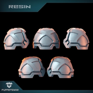 May include: Five 3D printed resin models of a futuristic helmet design. The helmets are grey and have a geometric pattern. The word "RESIN" is printed in white at the top of the image.
