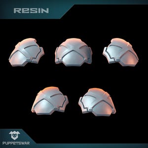 May include: Five white resin shoulder pads with a cross pattern design. The pads are arranged in a staggered pattern on a black background. The word "RESIN" is printed in white at the top of the image.