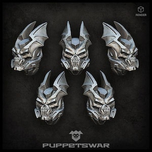Puede incluir: Cinco máscaras de calavera plateadas y estilizadas con rasgos angulares y detalles intrincados. Las máscaras tienen una apariencia amenazante, con dientes prominentes y un diseño esquelético. La palabra "RENDER" está en la esquina superior derecha. El logotipo de "PUPPETSWAR" está en la parte inferior.