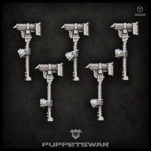 Puede incluir: Una colección de cinco armas plateadas de aspecto futurista. Cada arma tiene una cabeza en forma de T, un eje largo y estriado y una sección inferior detallada. La imagen incluye la palabra "RENDER" y el logotipo y el texto "PUPPETSWAR".