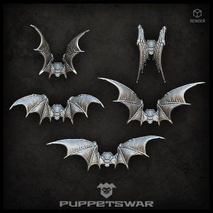 May include: Five different styles of bat wings, all made of metal and designed for miniature wargaming. The wings are detailed and intricate, with a variety of shapes and sizes.