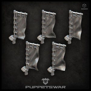 Pode incluir: Cinco estandartes prateados em miniatura com um design estilizado. Cada estandarte tem uma moldura retangular e uma forma de bandeira ondulada. Provavelmente para jogos de tabuleiro ou wargames em miniatura. O logotipo "PUPPETSWAR" está em baixo.