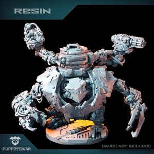 Puede incluir: Un modelo de resina gris y detallado de una criatura robótica con múltiples brazos y un cuerpo central. El modelo está colocado sobre una base circular con una superficie texturizada. El texto "RESIN" es visible en la esquina superior izquierda de la imagen. El texto "BASES NOT INCLUDED" es visible en la esquina inferior derecha de la imagen.