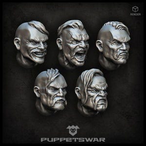 May include: Five detailed, grey, 3D printed heads with different facial expressions. The heads are sculpted in a realistic style and feature various hairstyles and facial hair.
