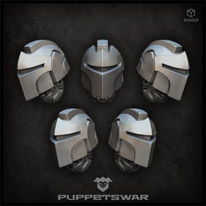 Può includere: Cinque elmetti futuristici color argento su sfondo scuro. Gli elmetti hanno un design elegante e angolare con aperture a visiera. La parola "RENDER" è in alto a destra. Il logo Puppets war è in basso.