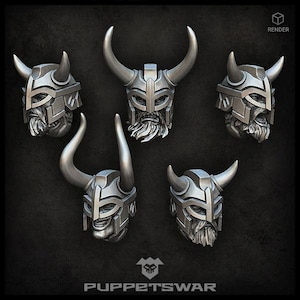 May include: Five detailed miniature helmets with horns and beards, in a silver color, against a black background. The helmets are all different, but they have a similar style. The word "PUPPETSWAR" is printed at the bottom of the image.