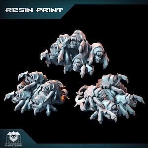 May include: Three resin print miniatures of monstrous creatures with multiple limbs and gaping maws. The creatures are light gray and have a detailed, textured surface. The top of the image reads "RESIN PRINT".