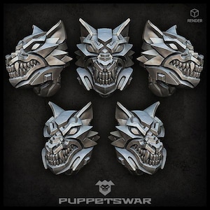 Puede incluir: Cinco esculturas de cabeza de lobo de color plateado con dientes afilados y detalles precisos. Las esculturas están hechas de un material duro y metálico y tienen un diseño futurista y robótico.