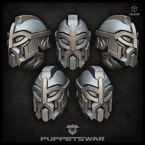 May include: Five detailed, silver-colored, 3D printed helmet designs with intricate geometric patterns. The helmets have a futuristic, sci-fi aesthetic.