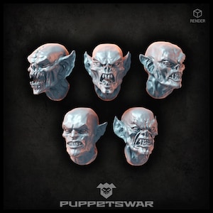 Puede incluir: Cinco cabezas de goblin de plástico gris impresas en 3D con diferentes expresiones. Las cabezas están todas mirando hacia adelante y tienen orejas grandes y puntiagudas. Los goblins tienen dientes afilados y expresiones de enojo.