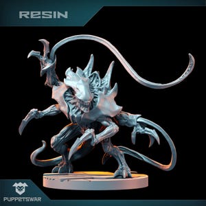 May include: A gray resin miniature of a menacing alien creature with sharp claws and a long, curved tail. The figure has a detailed, textured design and is posed on a round base. The word "RESIN" is at the top.
