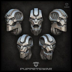 May include: Five 3D printed robot heads in a silver metallic finish. The heads have a futuristic design with geometric shapes and lines. The heads are arranged in a semi-circle on a black background.