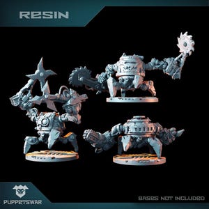 Puede incluir: Tres miniaturas de robots de resina gris con diferentes armas. Los robots tienen múltiples patas y un cuerpo redondo. El texto "RESIN" está en la parte superior de la imagen. El texto "BASES NOT INCLUDED" está en la parte inferior de la imagen.
