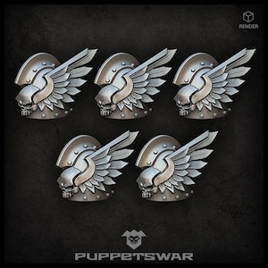 May include: Six silver-colored plastic shoulder pads with a skull and wings design. The wings are detailed with feathers and the skull has a menacing expression.