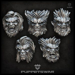 Peut inclure: Cinq sculptures argentées représentant des visages de monstres stylisés, avec des détails tels que des dents acérées et des cheveux texturés, sur fond sombre. Le mot "RENDER" est en haut à droite. Le logo "PUPPETSWAR" est en bas.