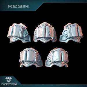 May include: Five different views of a 3D printed resin model of a book-shaped shoulder armour piece. The armour is detailed with a book design and a textured surface.