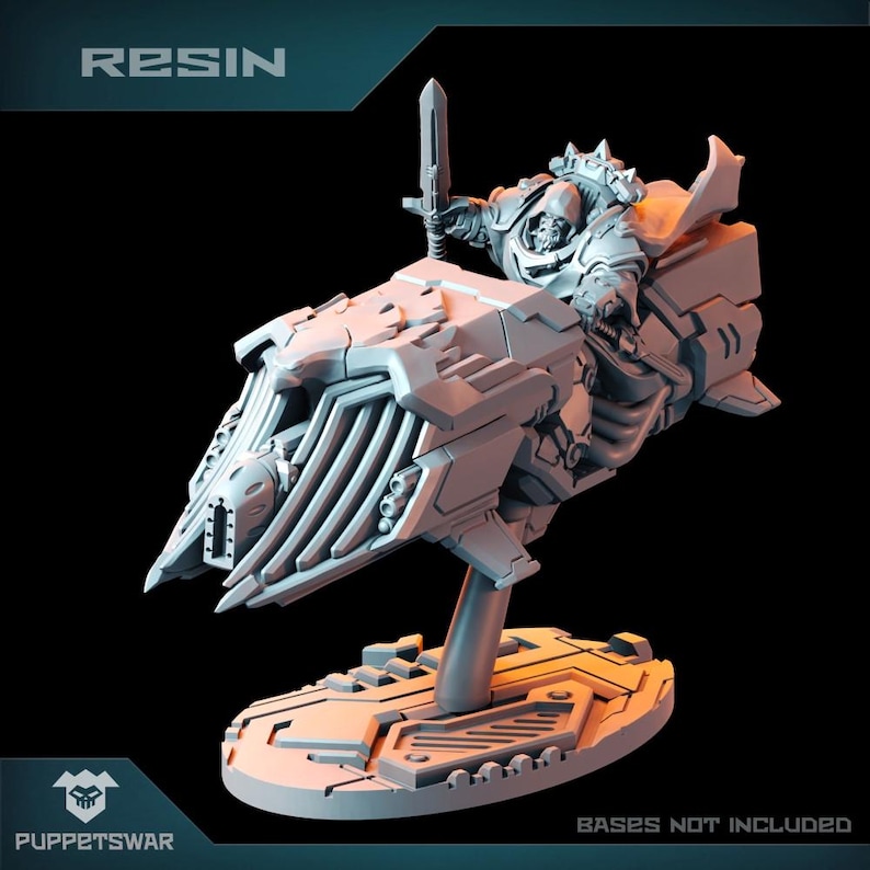 May include: A grey resin model of a futuristic, winged, motorcycle-like vehicle with a hooded figure riding it. The vehicle has a pointed nose and a large, open cockpit. The figure is holding a sword in one hand. The model is on a circular base. "RESIN" and "BASES NOT INCLUDED" are printed on the image.