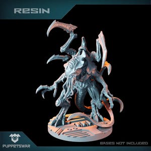 May include: A gray resin miniature of a monstrous creature with multiple limbs, claws, and a segmented body. The figure stands on a circular base with a textured surface. The word "RESIN" is at the top, and "BASES NOT INCLUDED" is at the bottom.