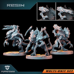 Pode incluir: Um conjunto multi-unidade de miniaturas de resina com criaturas alienígenas com garras afiadas e expressões ameaçadoras. As figuras estão em várias poses, com armadura detalhada e uma base texturizada. A palavra "RESIN" está no canto superior esquerdo e "MULTI-UNIT SET" no inferior direito.