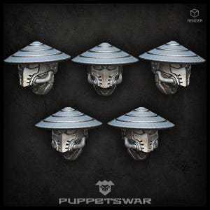 Peut inclure: Cinq modèles de casques futuristes argentés et bleu clair. Chaque casque est orné d'un chapeau conique et d'un visage mécanique détaillé. L'image comprend le texte "RENDER" et le logo et le texte "PUPPETSWAR".