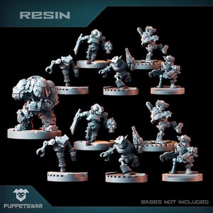 May include: A set of 10 unpainted resin miniatures of robots and a large monster. The miniatures are in various poses and are ready to be painted. The text "RESIN" is at the top of the image. The text "BASES NOT INCLUDED" is at the bottom of the image.