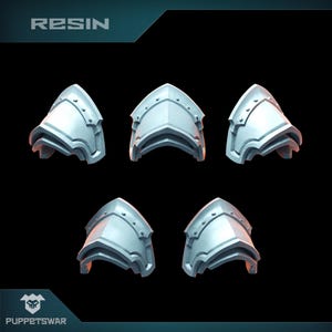 May include: Five light gray resin shoulder armor pieces. Each piece has a layered design with a curved shape and riveted details. The word "RESIN" is at the top, and the Puppetswar logo is at the bottom.