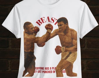 Boxerbeest uniseks zwaar katoenen T-shirt - afbeelding intense vechthouding met motiverende quote, bokst-shirt, vechtkleding, sportschooltraining