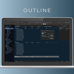 May include: A screenshot of a computer screen displaying a dark blue outline editor with a list of chapters and a progress bar. The progress bar indicates the percentage of the project that has been completed.