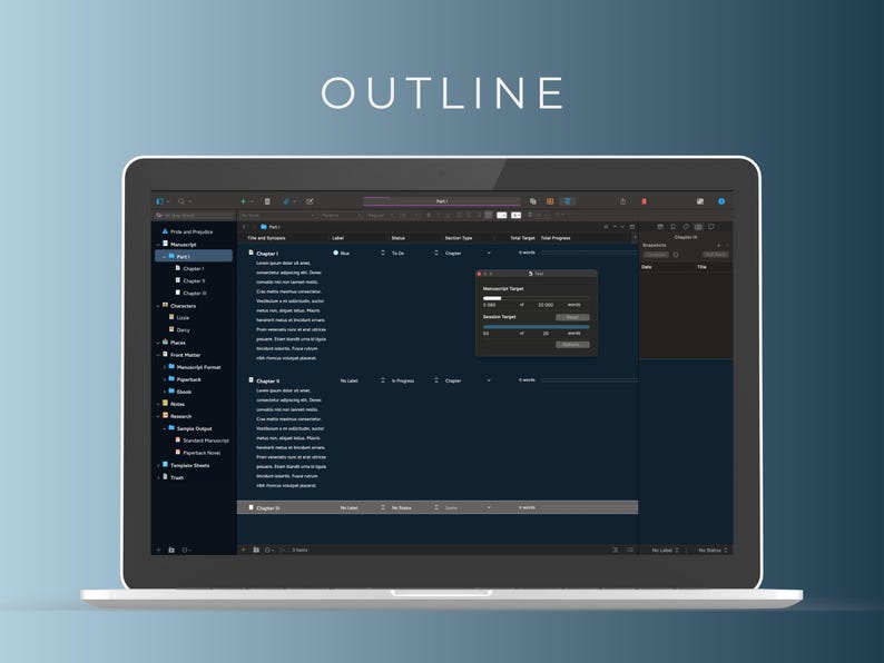 May include: A screenshot of a computer screen displaying a dark blue outline editor with a list of chapters and a progress bar. The progress bar indicates the percentage of the project that has been completed.