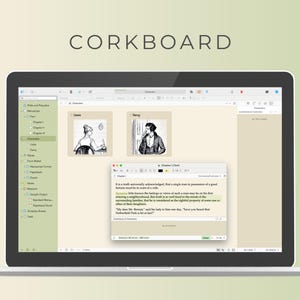 May include: A laptop computer screen displaying a corkboard app with a digital note, a list of characters, and images of two characters from the novel Pride and Prejudice. The note reads "It is a truth universally acknowledged, that a single man in possession of a good fortune, must be in want of a wife."