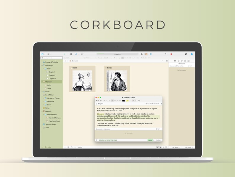May include: A laptop computer screen displaying a corkboard app with a digital note, a list of characters, and images of two characters from the novel Pride and Prejudice. The note reads "It is a truth universally acknowledged, that a single man in possession of a good fortune, must be in want of a wife."
