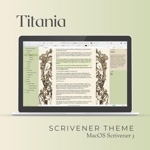 Könnte beinhalten: Ein Laptop-Bildschirm zeigt ein Schreibprogramm mit einem grün-braunen Farbschema. Das Programm heißt "Titania" und zeigt eine Vintage-Illustration einer Frau in einem Wald. Der Text "SCRIVENER THEME MacOS Scrivener 3" wird unter dem Laptop angezeigt.