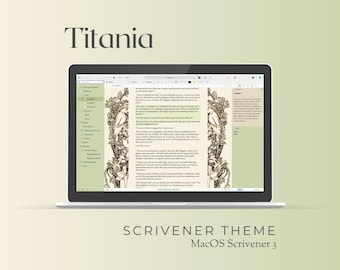 Könnte beinhalten: Ein Laptop-Bildschirm zeigt ein Schreibprogramm mit einem grün-braunen Farbschema. Das Programm heißt "Titania" und zeigt eine Vintage-Illustration einer Frau in einem Wald. Der Text "SCRIVENER THEME MacOS Scrivener 3" wird unter dem Laptop angezeigt.