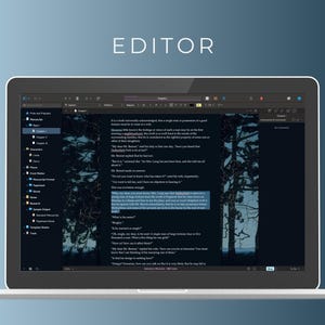 May include: A dark-themed laptop screen displaying a writing editor with a sidebar containing a list of chapters and a document with text. The text is about a single man in possession of a great fortune. The background is a dark blue gradient.